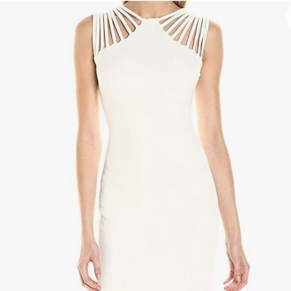 Dress The Population NWT Ivory Gwen Bodycon Midi Dress Strap Detail Stretchy M - Picture 2 of 14